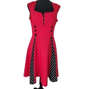 NEW KillReal Red Retro 50s Pin-Up Rockabilly Polka Dot Print A-Line Dress‎ Sz LG